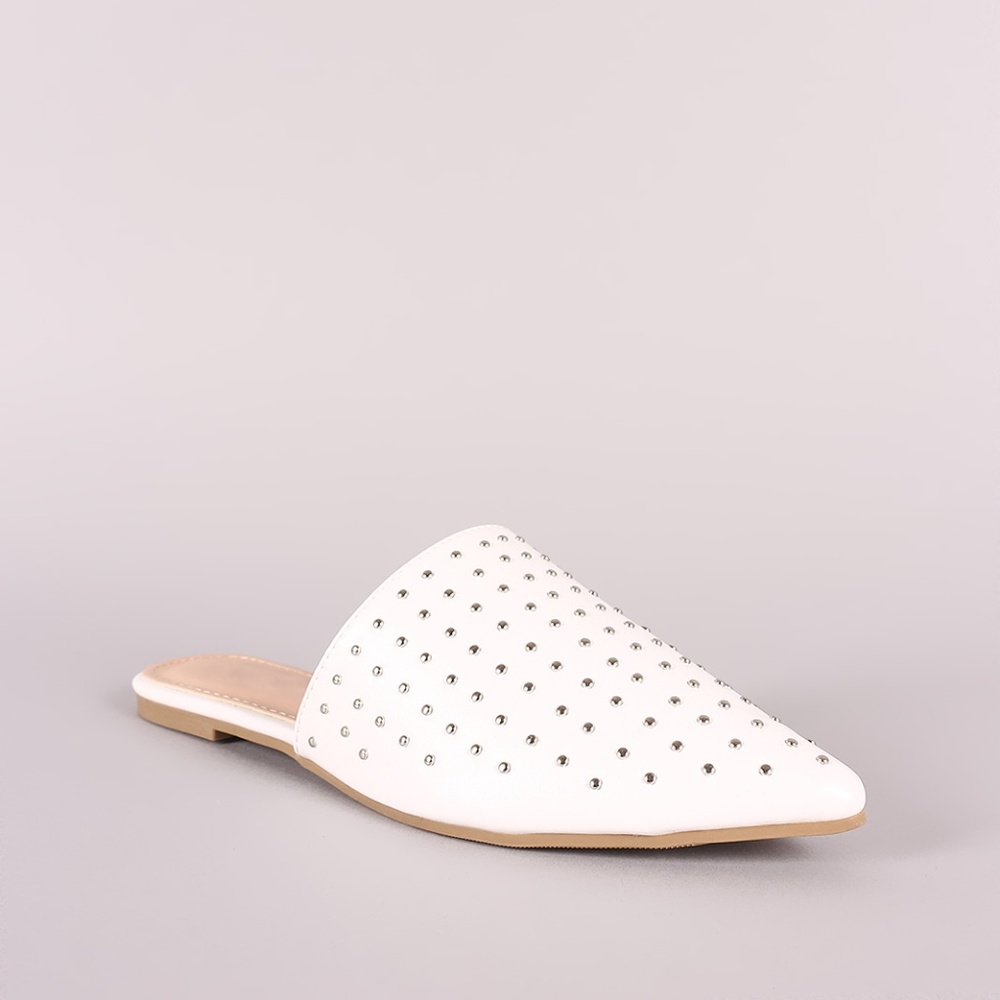 Studded Vegan Leather Pointy Toe Mule Flats white - Picture 4 of 6